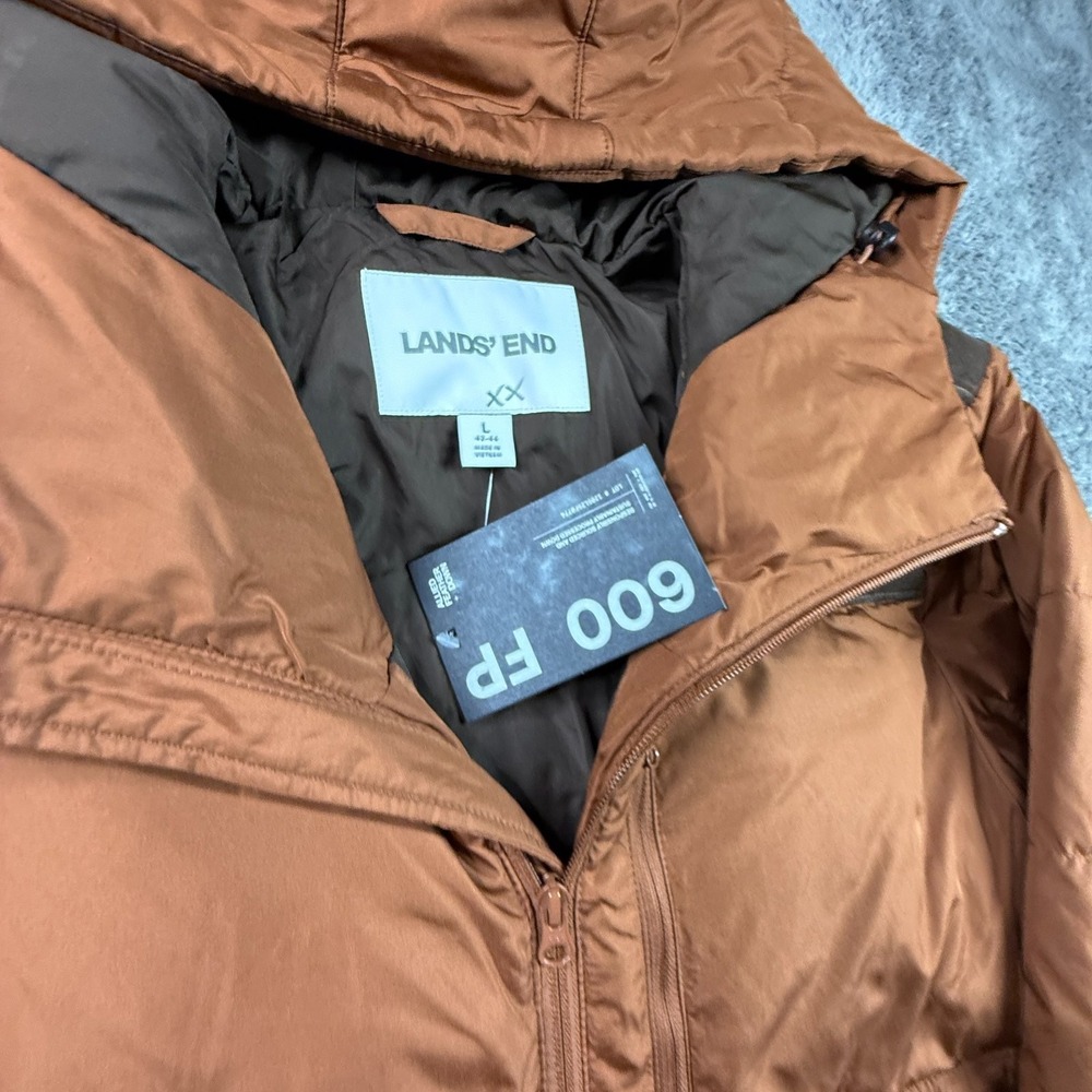 Lands End Mens L Down Puffer Jacket Hooded 600 Fill Orange Brown Corduroy NWT - Picture 2 of 6